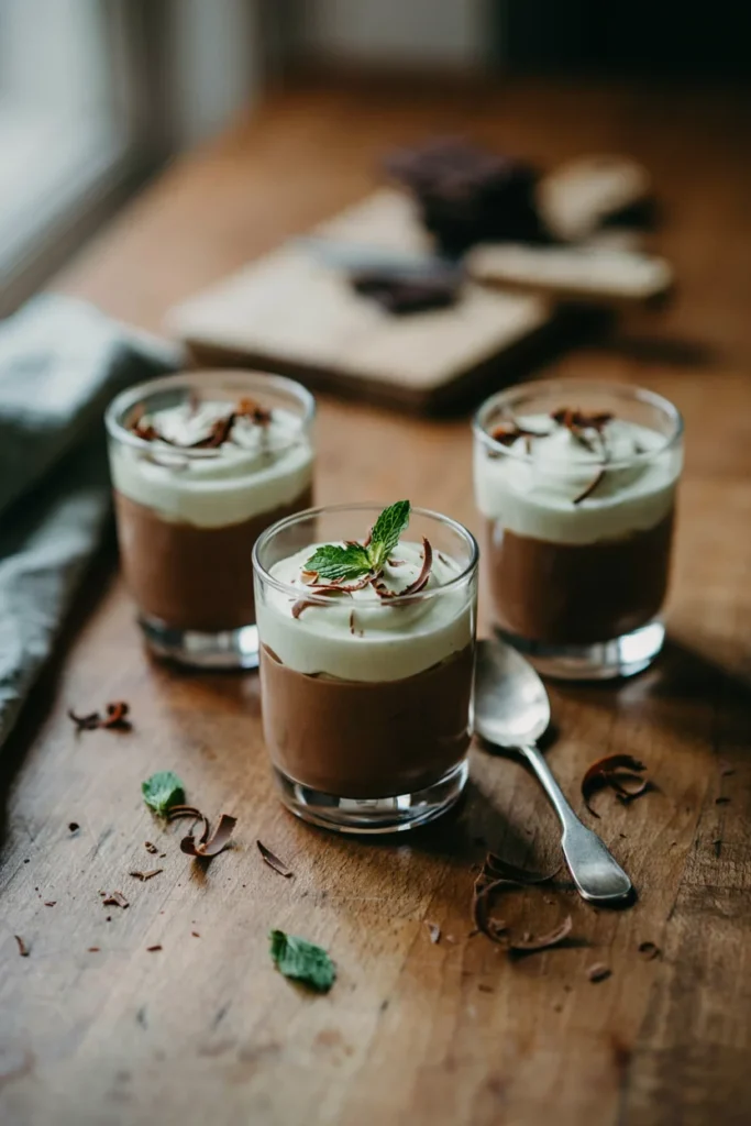 Glass jars layered with mint chocolate mousse and chocolate shavings