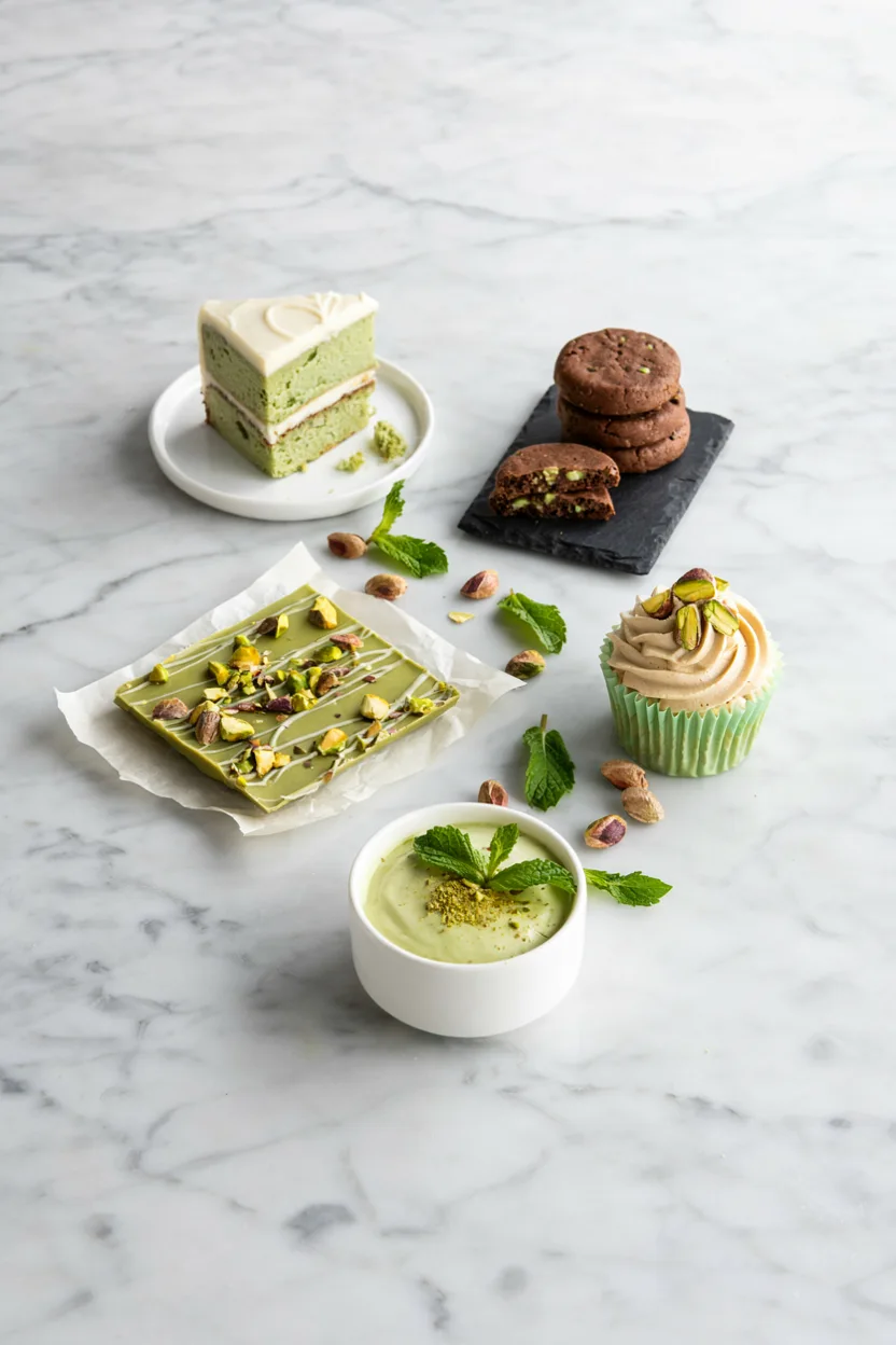 Overhead flat-lay of five different green desserts — a slice of green velvet cake, mint chocolate cookies, matcha bark, a pistachio cupcake, and a bowl of no-bake mousse — styled on a white marble surface with fresh mint leaves and pistachios scattered around. Bright, natural light