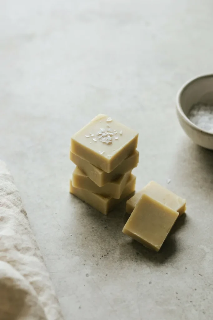 Stack of spirulina white chocolate fudge squares