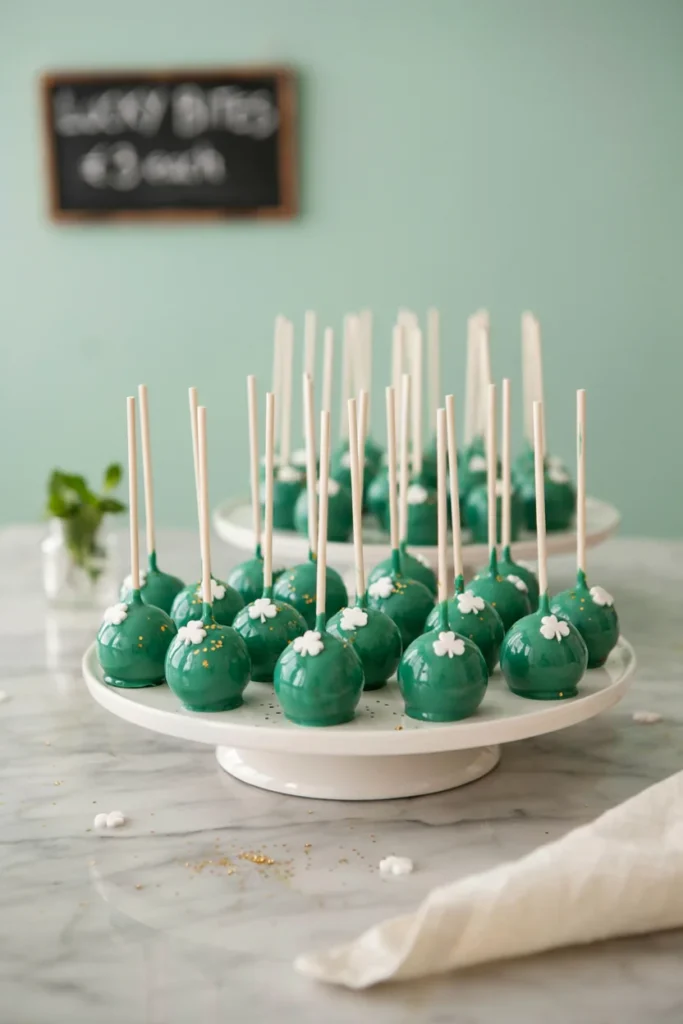 Green shamrock cake pops decorated with edible gold glitter