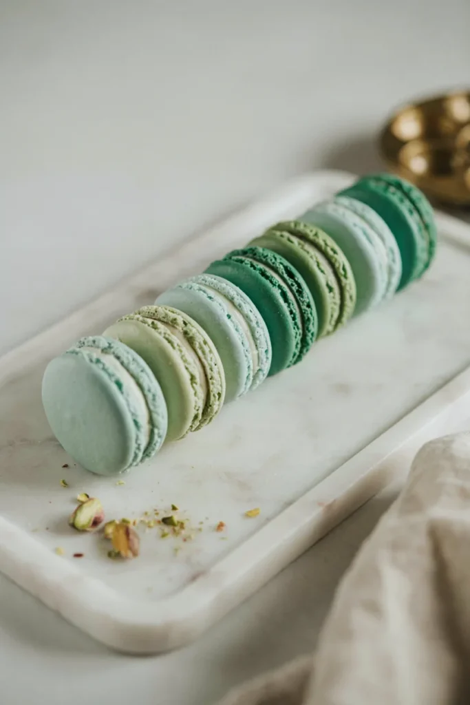 Green ombre macarons filled with white chocolate ganache