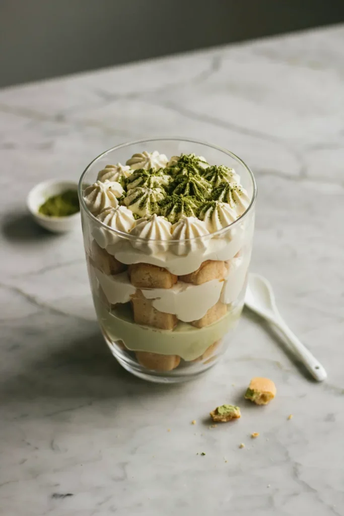 Matcha tiramisu layered in a glass dish and dusted with matcha