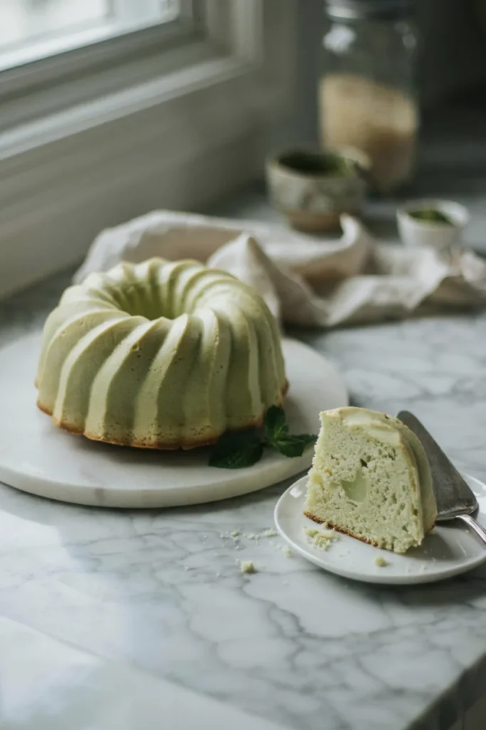 Pandan chiffon cake slice showing a light green airy crumb