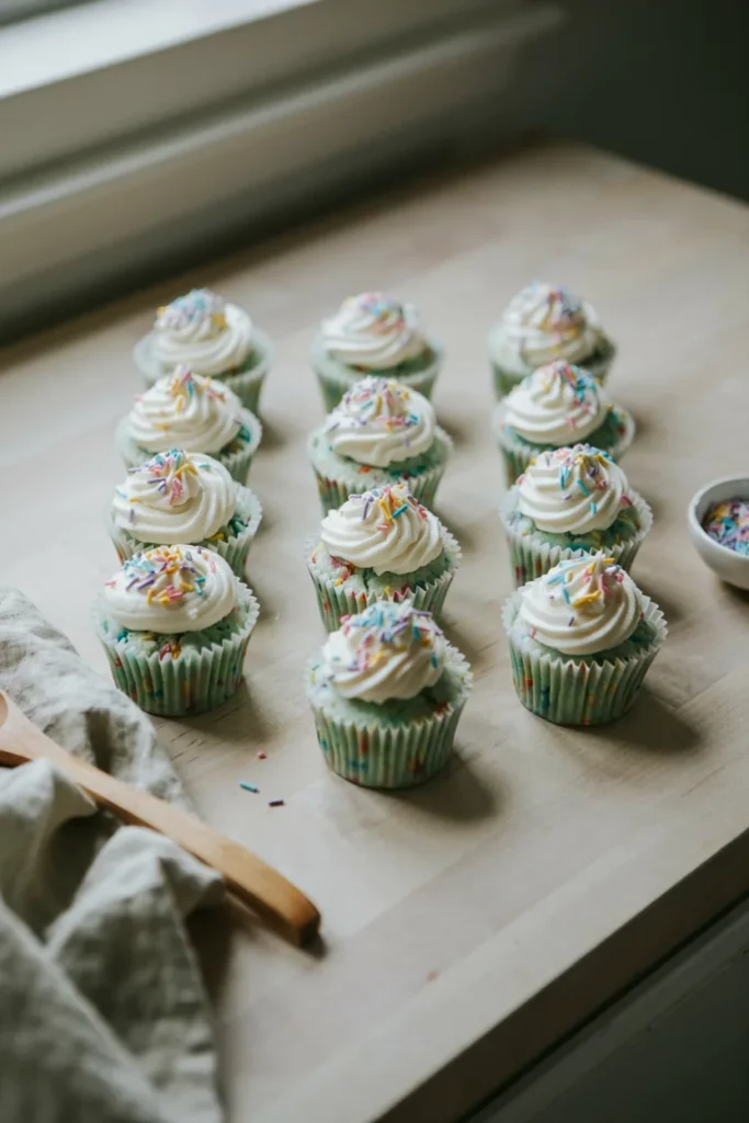 Green funfetti cupcakes made from cake mix with sprinkles