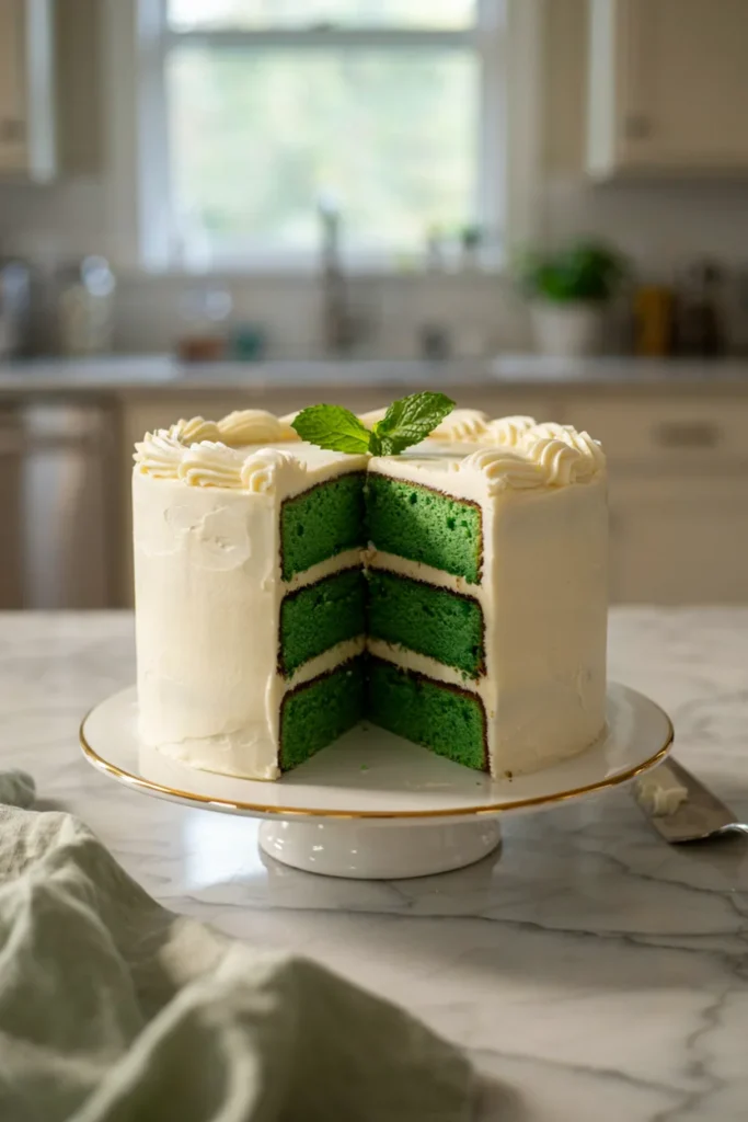 Sliced green velvet cake with white cream cheese frosting