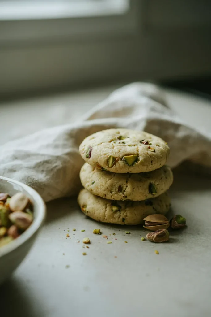 Soft pistachio pudding cookies topped with chopped pistachios