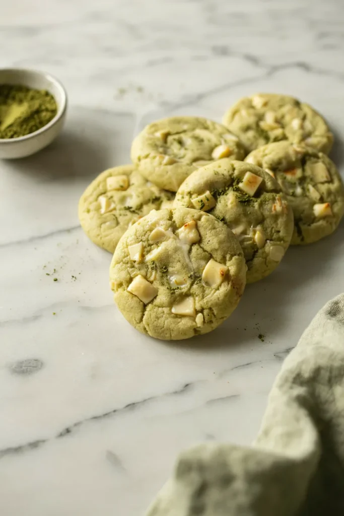Matcha white chocolate chip cookies dusted with matcha powder