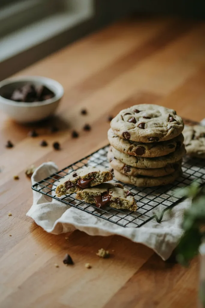 Stack of mint chocolate chip cookies with a fudgy green interior