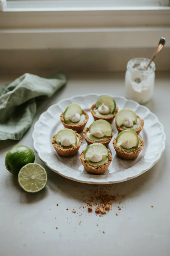Mini key lime icebox pie bites topped with whipped cream and lime