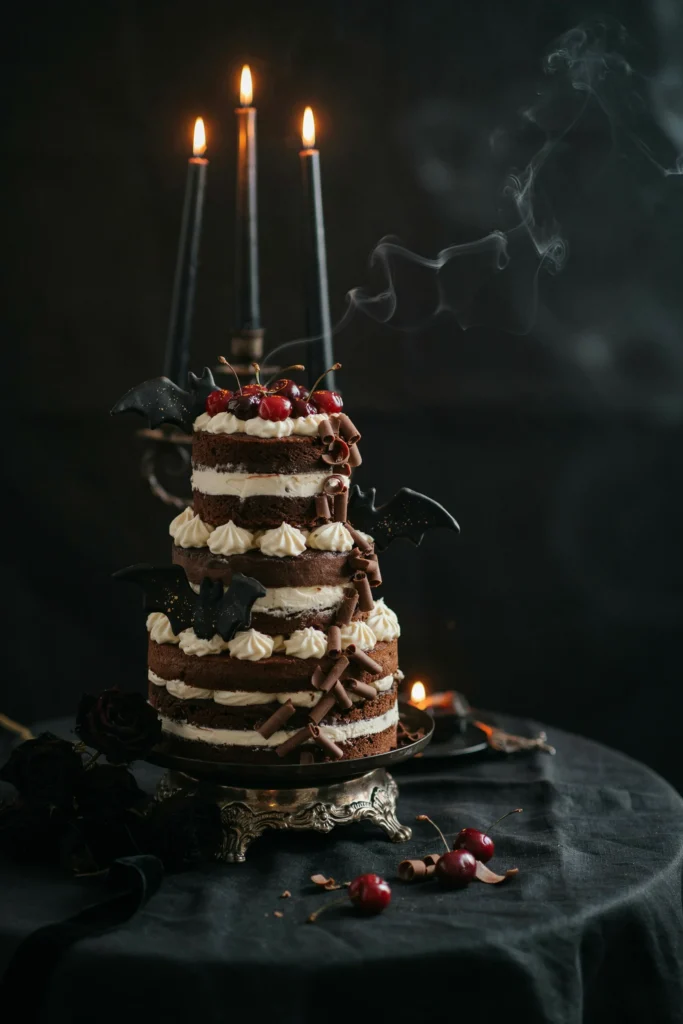Chocolate layer cake filled with cherries and whipped cream, topped with chocolate shavings