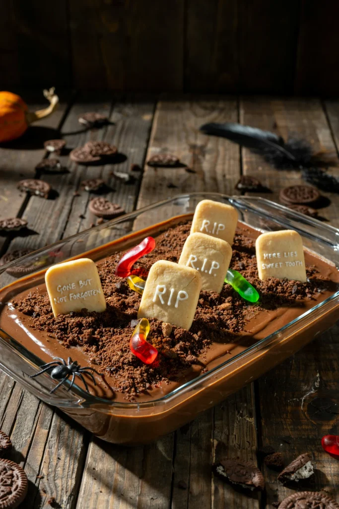 Graveyard dirt pudding cake with chocolate cookie tombstones and gummy worms