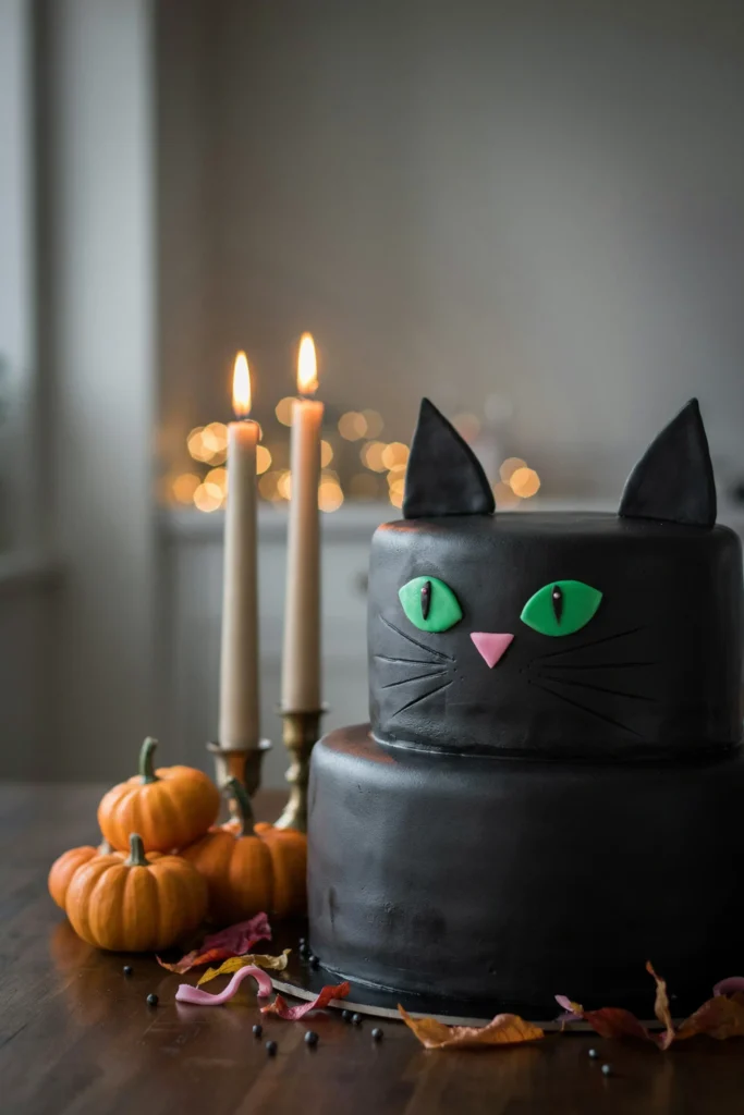 Round cake decorated to look like a black cat with fondant ears and a pink nose
