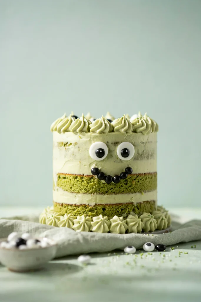 Green matcha layer cake decorated with candy eyes like a friendly monster