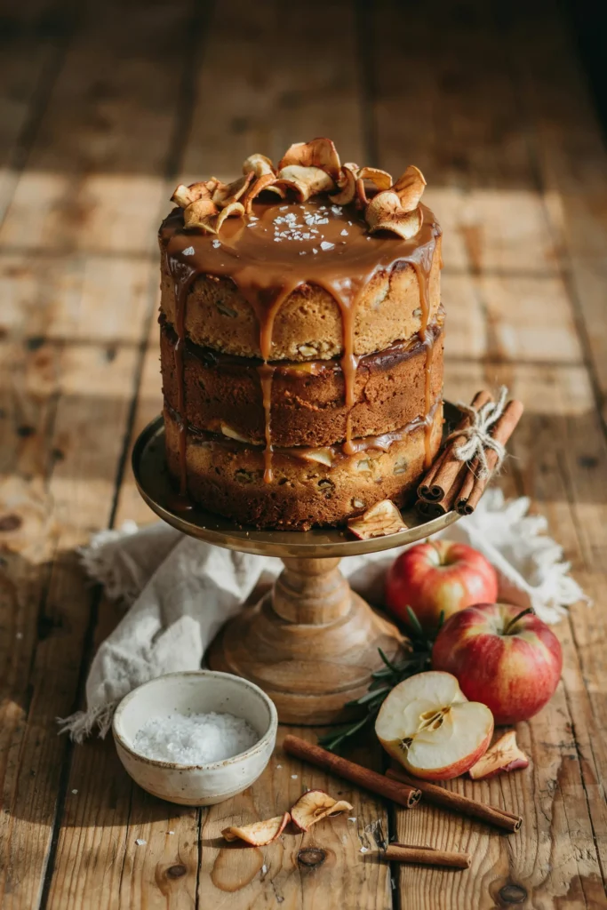 Two layer spice cake with grated apple and a salted caramel drip