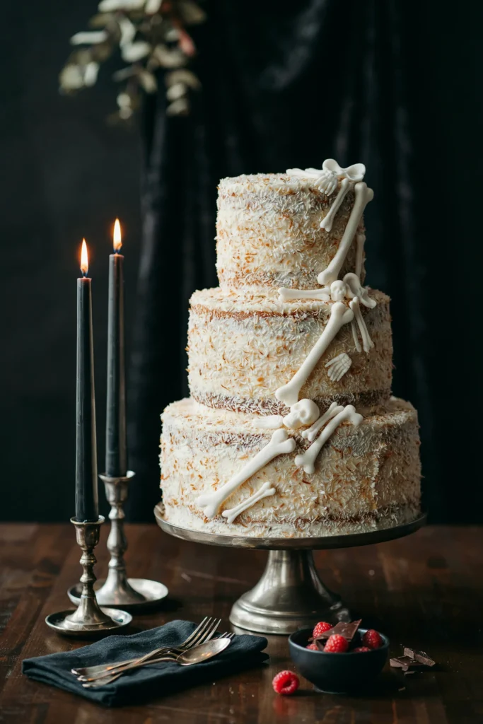 White coconut layer cake decorated with fondant bones and a skull