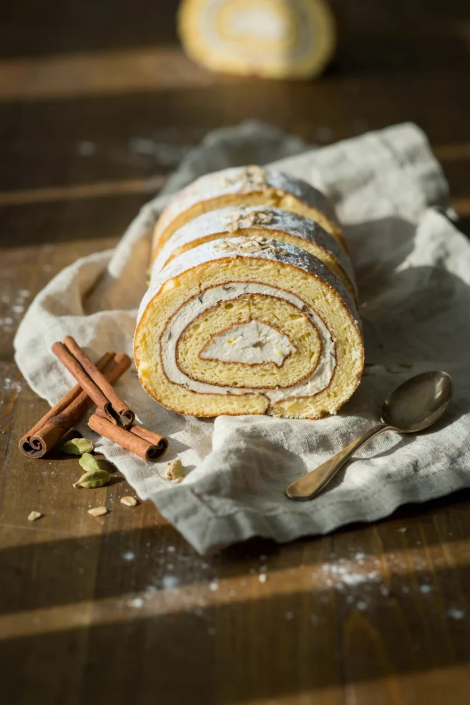 Sliced pumpkin spice cake roll with cream cheese filling and powdered sugar dusting