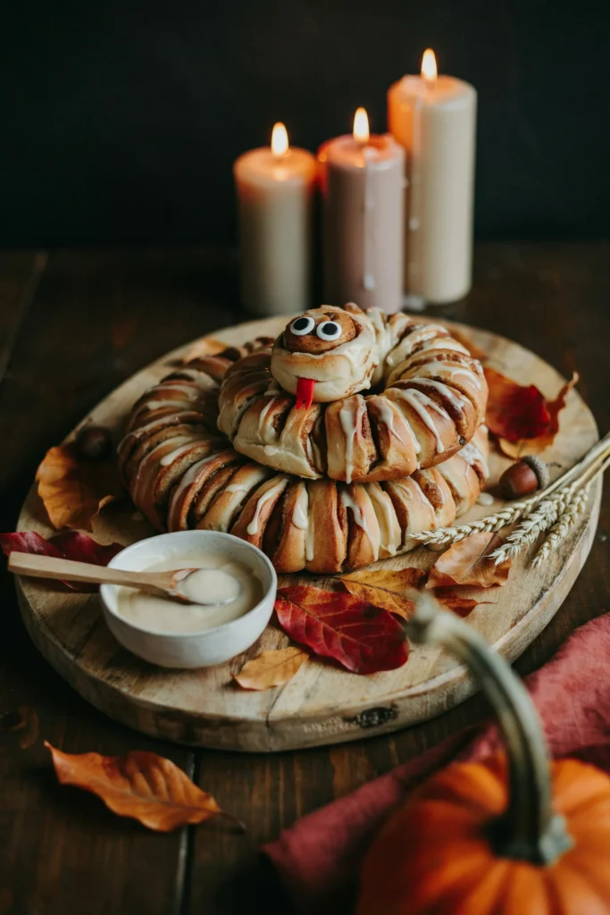 Coiled cinnamon roll cake shaped like a snake with cream cheese glaze and candy eyes