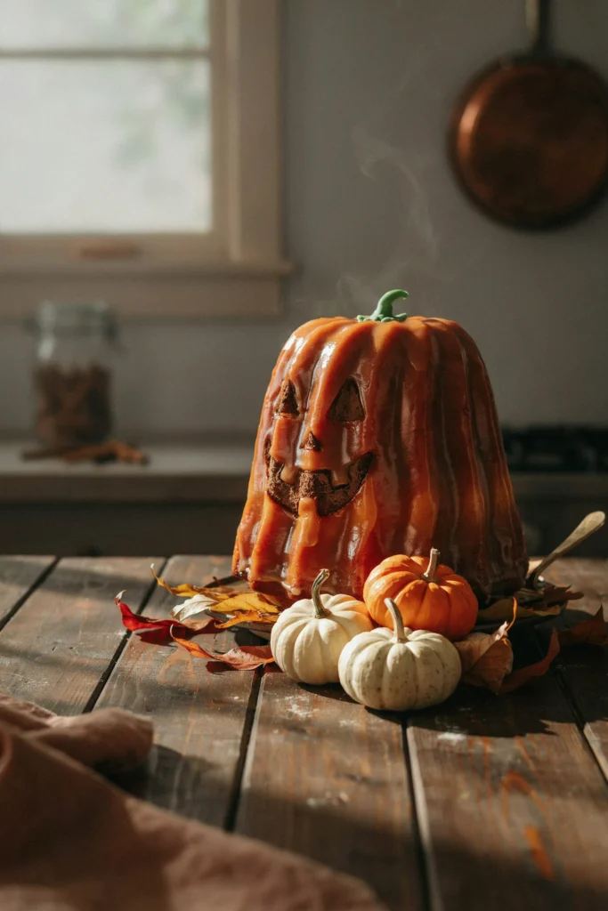 Orange glazed bundt cake carved with a jack-o'-lantern face