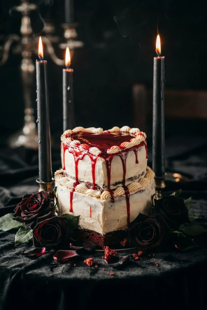 Heart shaped red velvet cake with white frosting and a red blood-like glaze drip