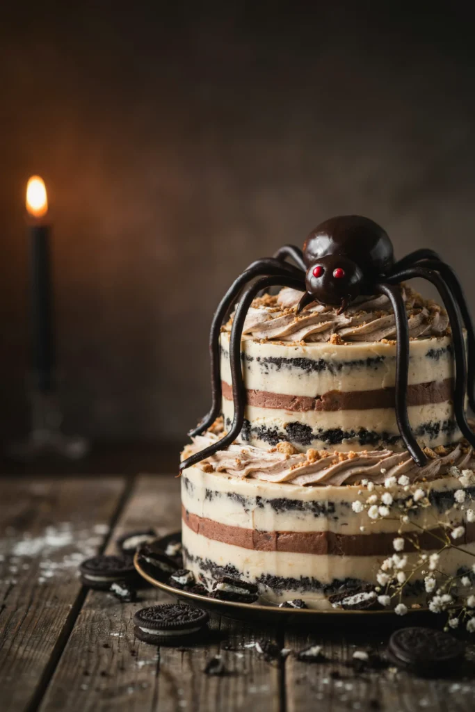 White layer cake with Oreo pieces topped with a chocolate ganache spider and licorice legs