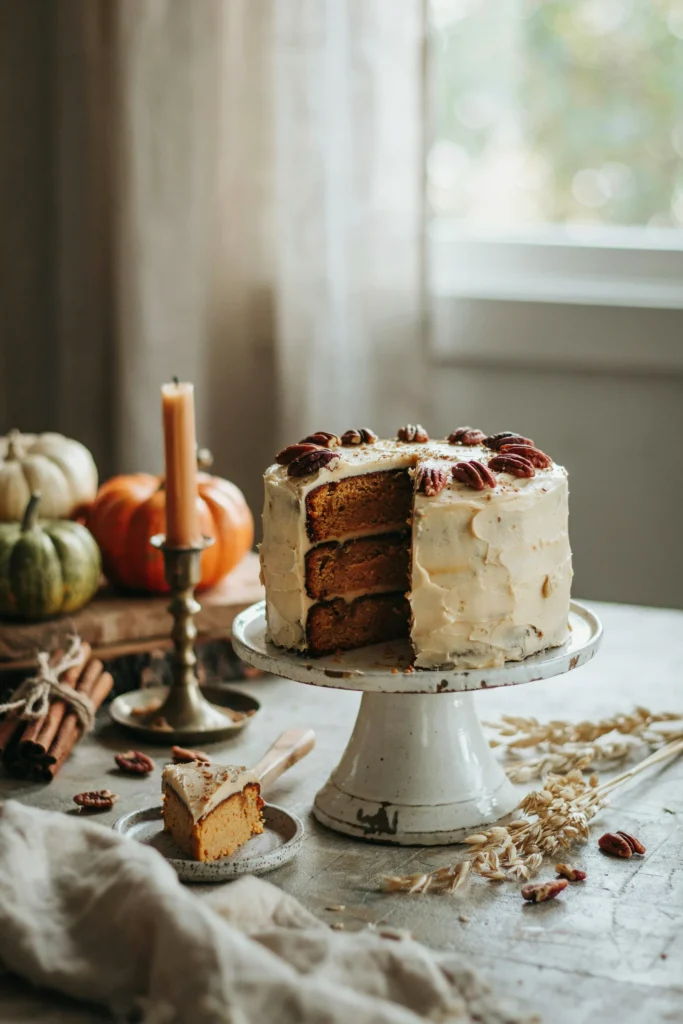 Three layer pumpkin spice cake frosted with maple cream cheese frosting and candied pecans
