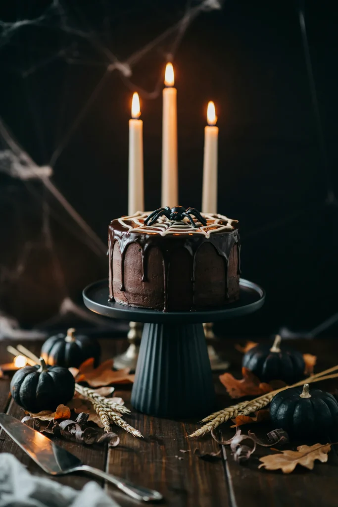 Three layer chocolate cake with black ganache drip and a white chocolate spiderweb on top