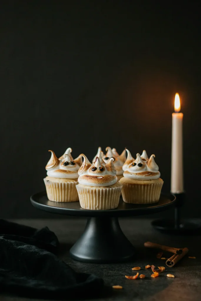 Vanilla cupcakes topped with tall white meringue swirls shaped like ghosts