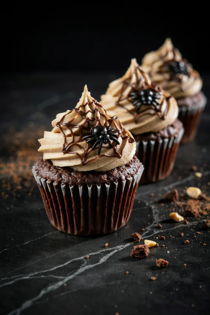 Chocolate cupcake with peanut butter frosting and a piped chocolate spiderweb design