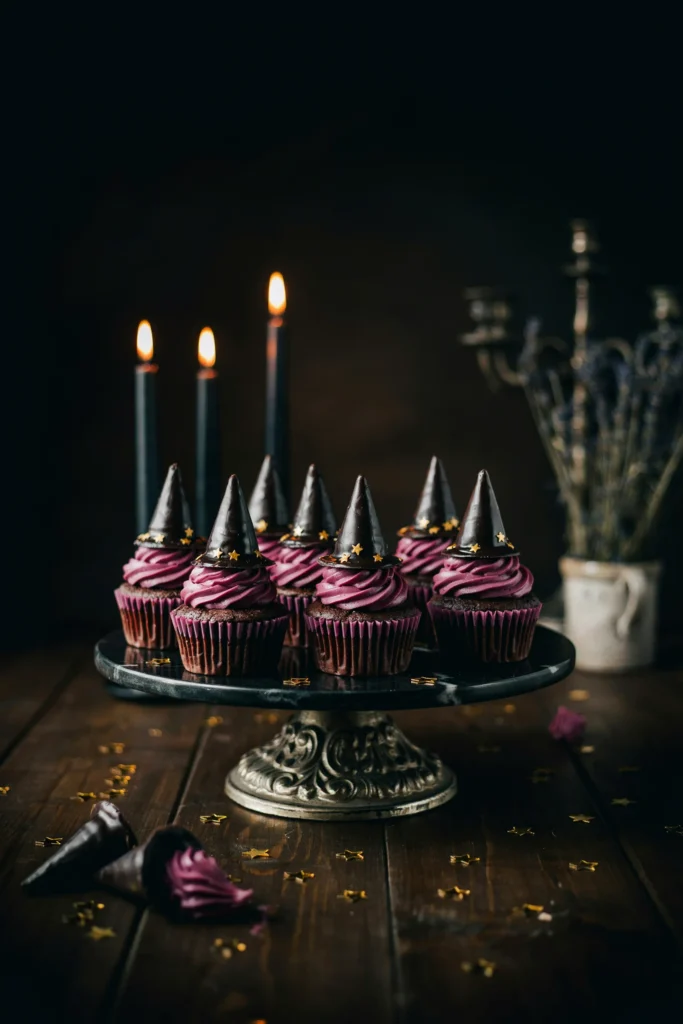 Chocolate cupcakes topped with purple buttercream and witch hat ice cream cone toppers