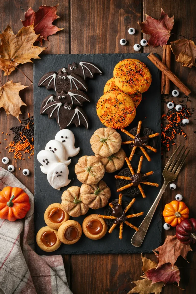 An overhead flat-lay of an assorted Halloween cookie platter — black cocoa bats, orange sugar cookies, meringue ghosts, and a mummy cookie — scattered with candy eyes and orange sprinkles on a dark slate background. Moody, warm lighting, no text overlay.