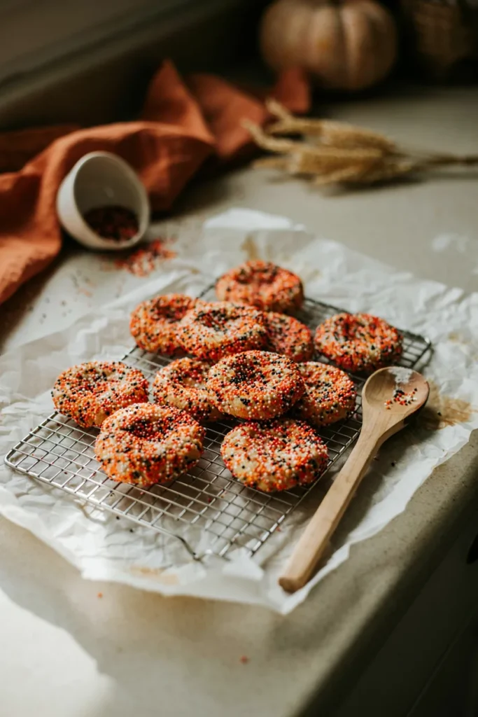 Orange and black sprinkle Halloween sugar cookies cooling on a wire rack