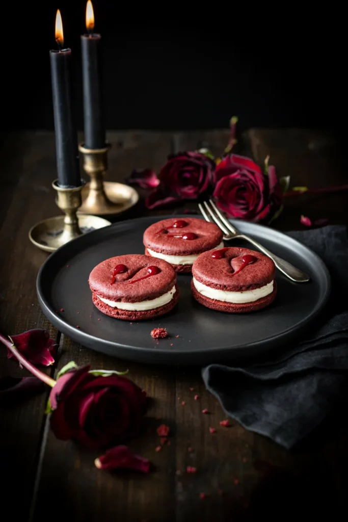 Red velvet vampire bite sandwich cookies with cream cheese filling and red gel drip
