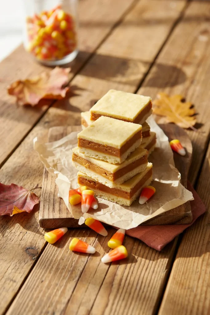 Layered candy corn sugar cookie bars in yellow, orange, and white