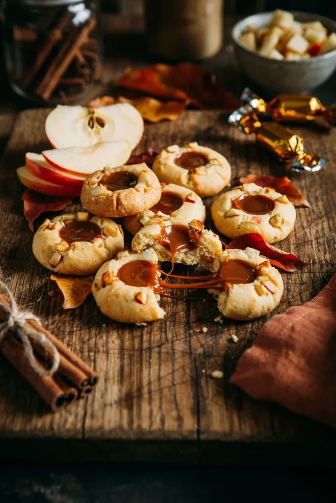 Caramel apple thumbprint cookies filled with glossy caramel