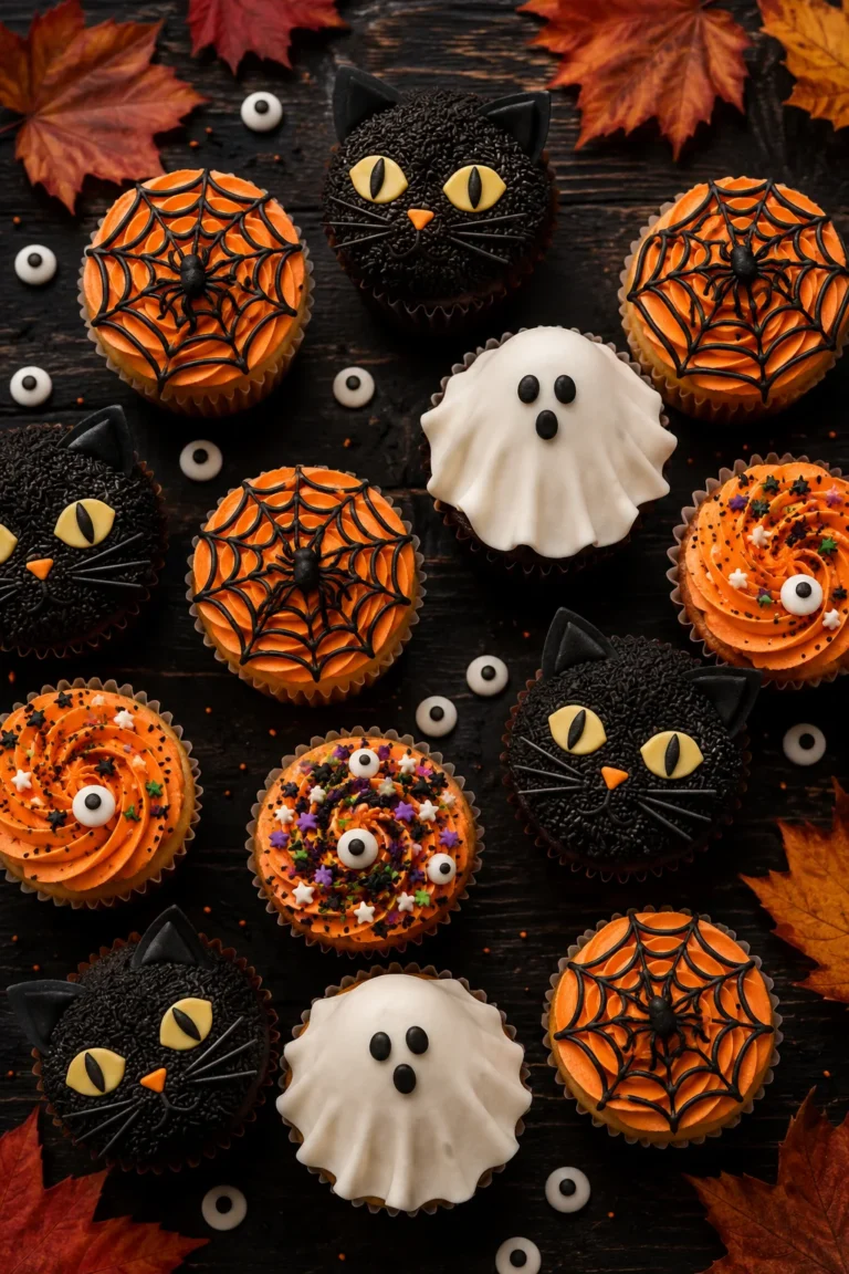 An overhead flat-lay of an assorted Halloween cupcake spread on a dark wood or black surface — black cat cupcakes, orange spiderweb swirls, and a ghost-topped cupcake all visible, with a few loose candy eyeballs and autumn leaves scattered around the edges for styling. Warm, moody lighting