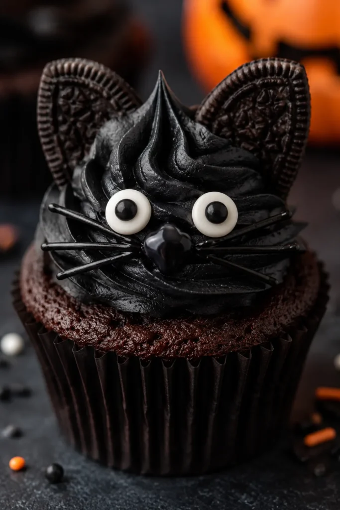 Close-up of a chocolate cupcake with a swirl of black buttercream, two mini Oreo halves pressed in as pointed ears, candy eyeballs, and a small piped nose and whiskers.