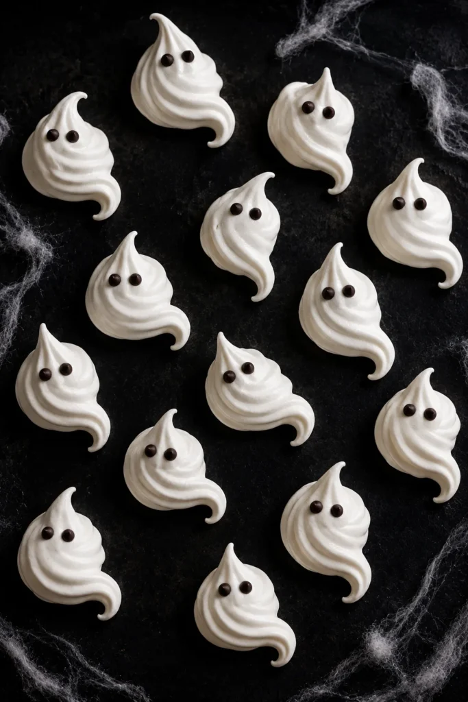 Piped white meringue ghosts with mini chocolate chip eyes on a dark background