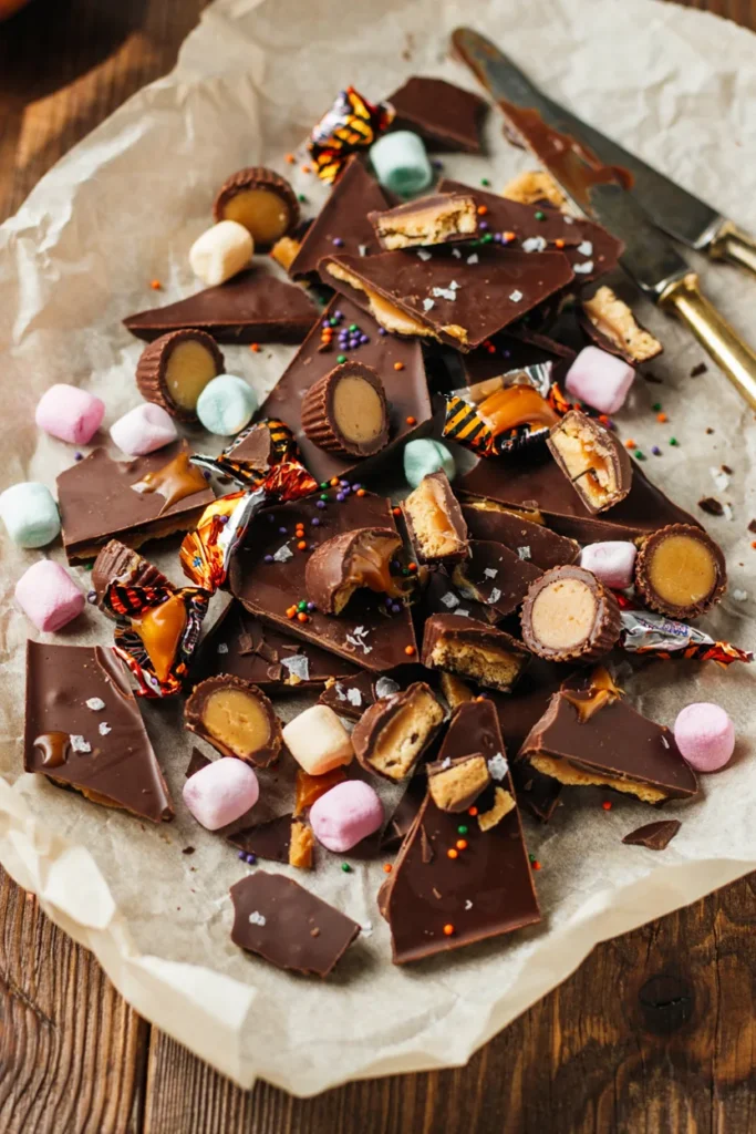 Close-up of broken chocolate bark pieces studded with chopped candy and mini marshmallows