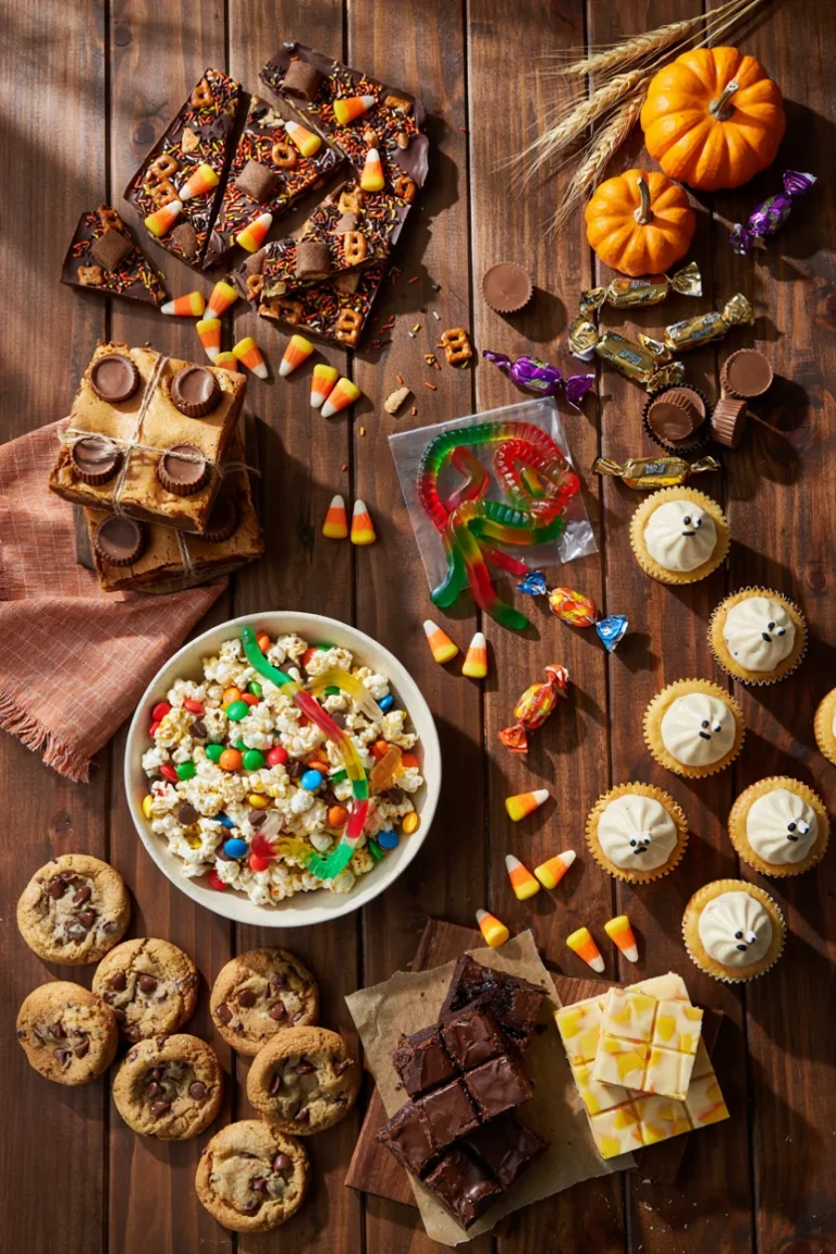An overhead shot of a wooden table scattered with unwrapped Halloween candy alongside a few finished treats — a slab of candy bark, a stack of blondies, and a bowl of candy popcorn mix — warm, golden lighting, cozy fall kitchen mood.