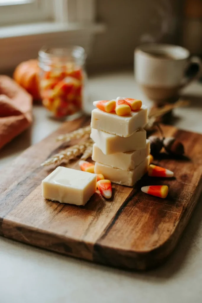 Stacked squares of candy corn fudge on a cutting board