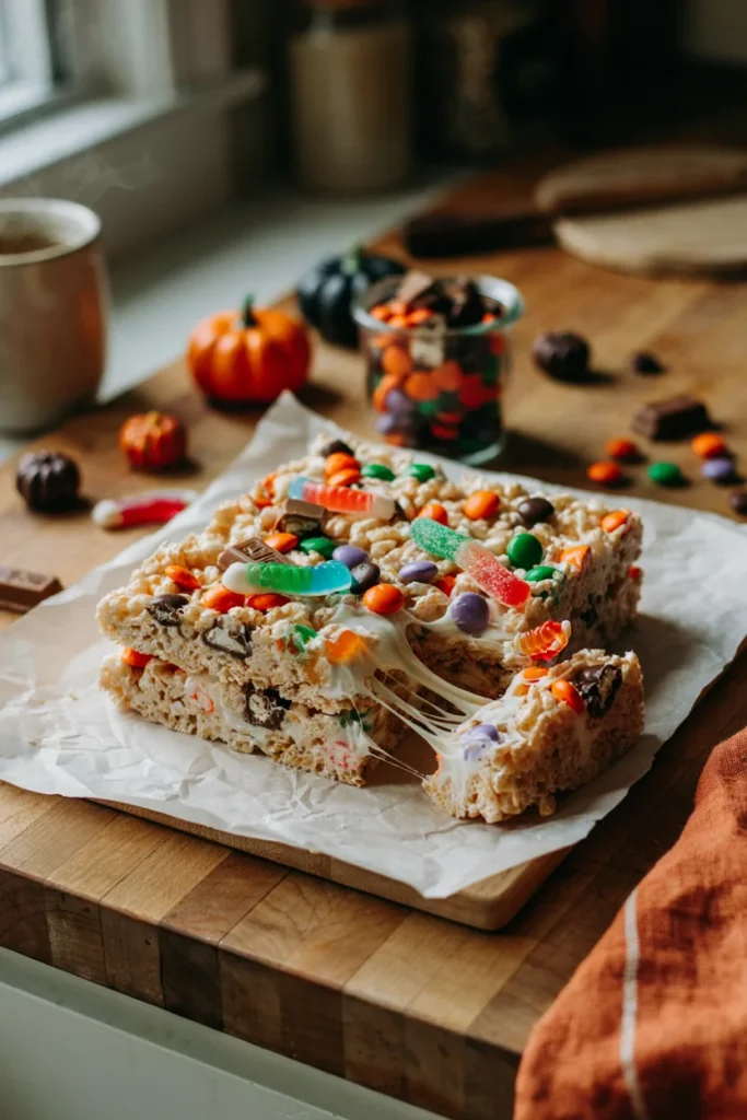 Stacked Halloween candy rice krispie treat bars