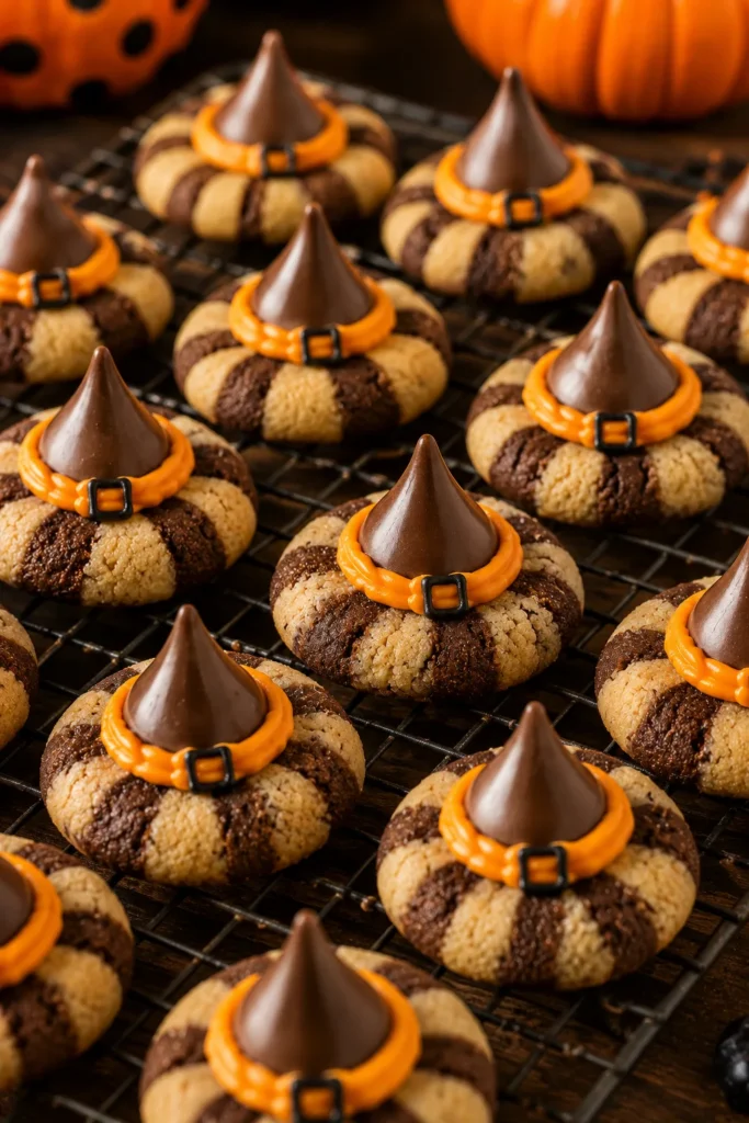 Fudge-striped cookies topped with chocolate kisses and a piped orange icing band, styled to look like tiny witch hats