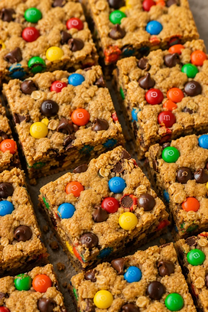 Loaded monster cookie bars studded with M&M candies and chocolate chips, cut into squares