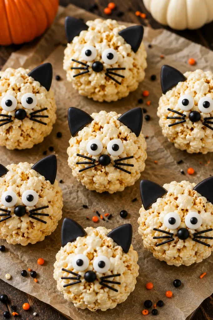 Black cat popcorn balls with candy ears and eyes arranged on parchment paper