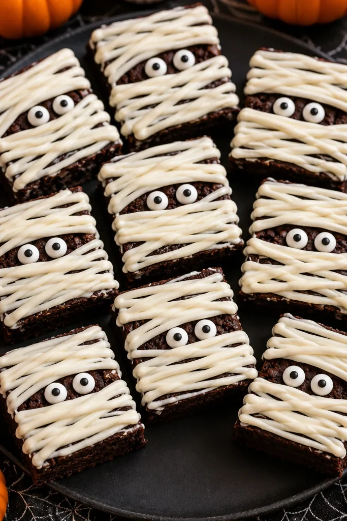 Square fudgy brownies wrapped in wavy white chocolate bandage stripes with candy eyes peeking through
