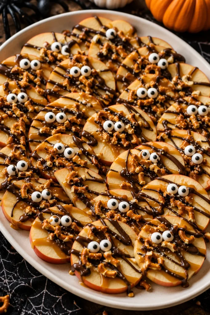 A platter of thinly sliced apples drizzled with warm caramel and melted chocolate, topped with crushed pretzels and candy eyes