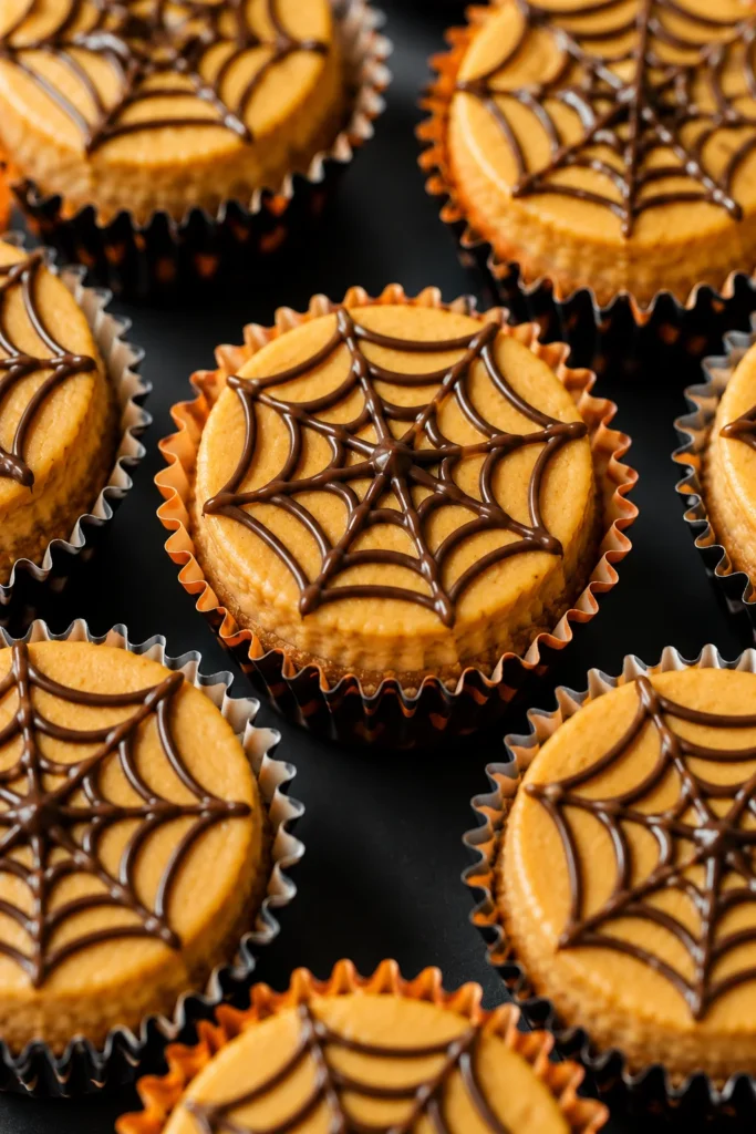 Mini pumpkin cheesecake bites in cupcake liners, each topped with a piped chocolate spiderweb design