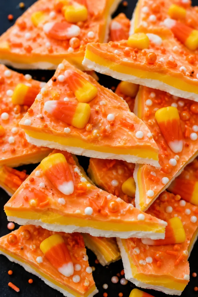 Layered candy corn bark broken into pieces, showing orange, yellow, and white chocolate layers topped with candy corn and sprinkles