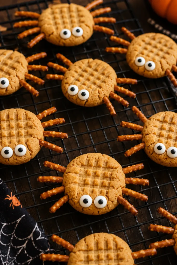 Golden peanut butter cookies with crisscross fork marks, pretzel stick legs, and candy eyes arranged to look like spiders on a cooling rack