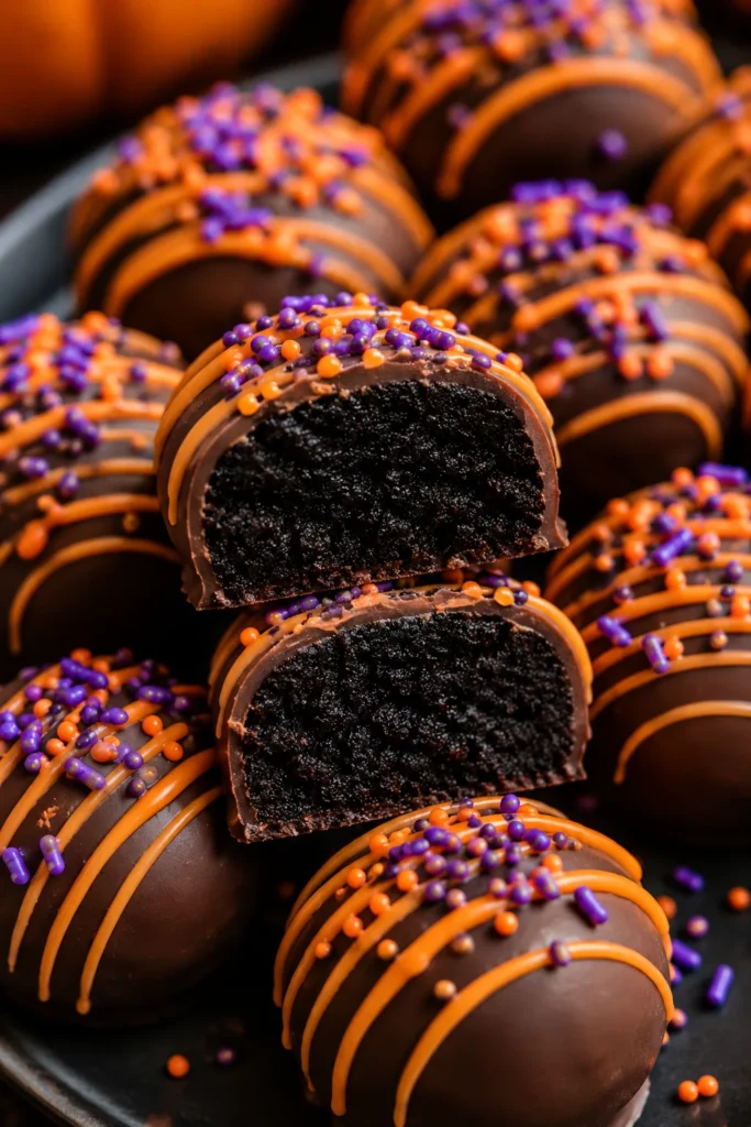 Chocolate-dipped Oreo truffles with orange candy melt drizzle and purple sprinkles, one truffle cut in half showing the fudgy center